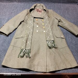 Vintage Wool Coat Women‎ Large Green Lined Scarf Button Up Overcoat Heavyweight